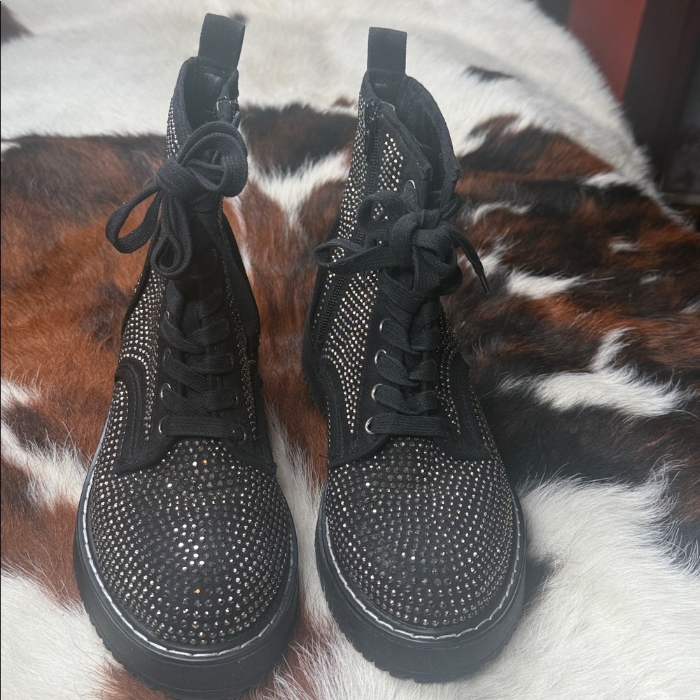 Madden Girl Black Combat Boot with Metallic Studs
